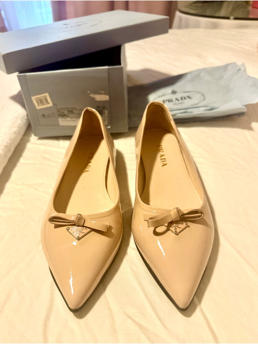 Prada Nude Patent Leather Pointed-Toe Flats with Bow